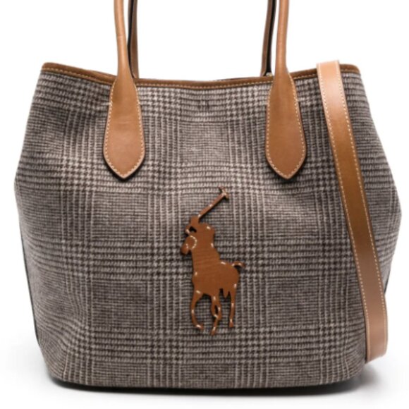 Polo Ralph Lauren Brown Plaid Wool Medium Bellport Tote Handbag w/Dust Bag - Picture 2 of 12
